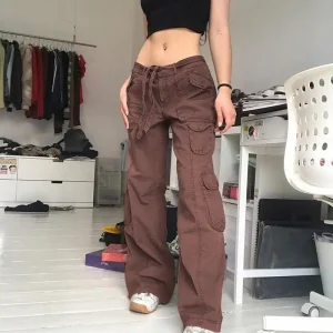 Pantalon de travail gris taille haute pour femmes, jambes larges, décontracté, rue, ample, cordon de serrage, poches de ceinture, tissu en mélange de coton