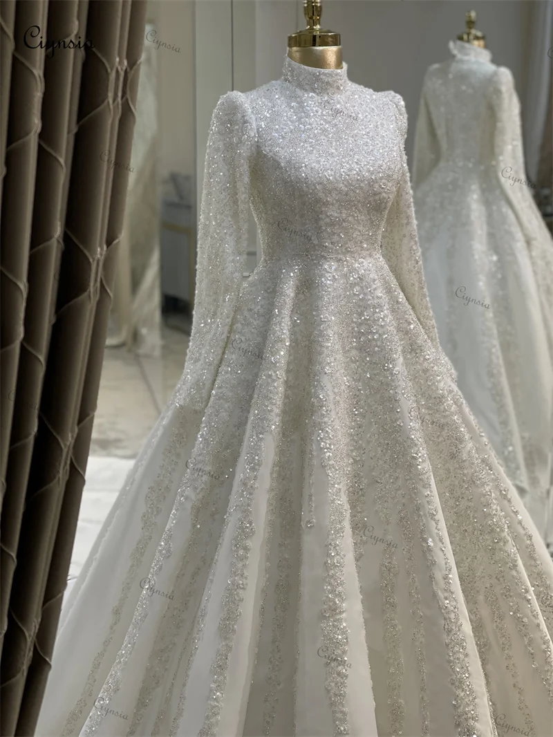 ciynsia personnalisé luxe paillettes perlée robe de mariée pour mariée col haut dubaï arabe hijab musulman robe de mariée robes de mariée