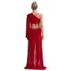 costume de danse de salon contemporaine lyrique pour femmes, strass brillants, maille transparente, manches évasées, robe justaucorps fluide fendue
