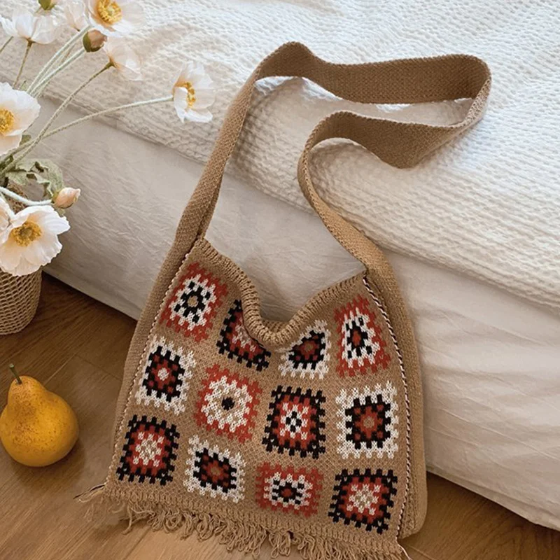 Sacs à main colorés Boho Chic grand-mère carrés tissés au Crochet pour femmes, sac de marché Beige bleu, Style Vintage Hippie, bourse de plage d'été