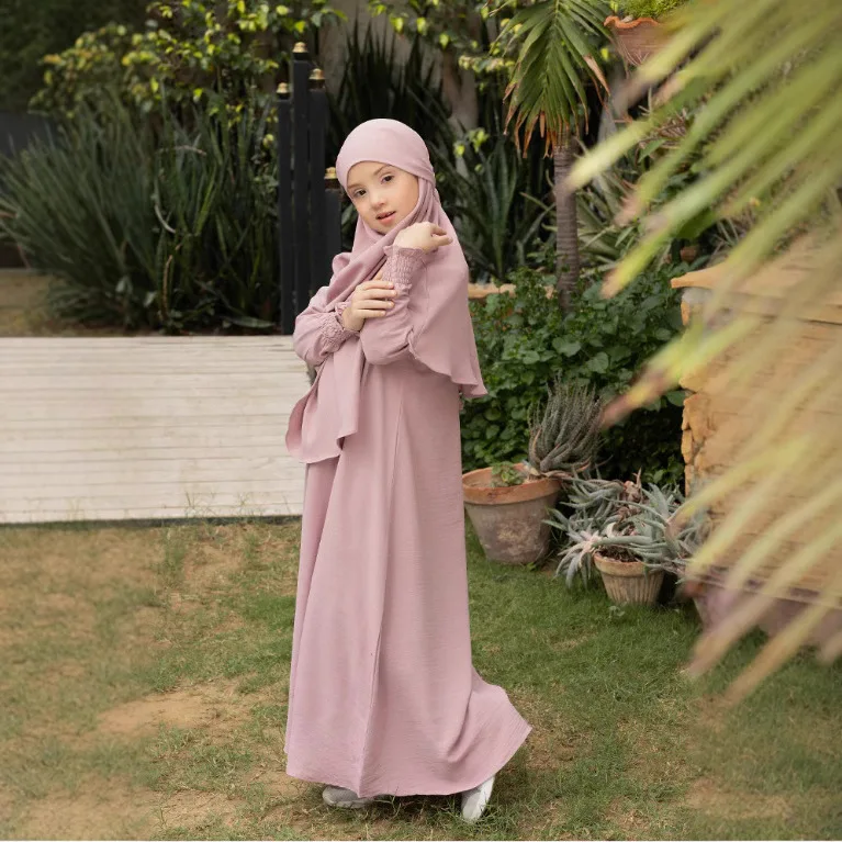 abayas noires pour enfants, col rond, sans extensible, manches longues, vêtements de prière ramadam, caftan de luxe musulman de dubaï pour enfants
