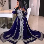 Caftan marocain bleu robes de soirée musulmanes a-ligne manches longues Appliques dubaï arabe Caftan Abaya robe islamique personnalisée