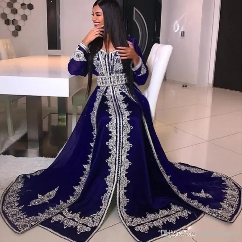 Caftan marocain bleu robes de soirée musulmanes a-ligne manches longues Appliques dubaï arabe Caftan Abaya robe islamique personnalisée Caftan marocain bleu robes de soirée musulmanes a-ligne manches longues Appliques dubaï arabe Caftan Abaya robe islamique personnalisée