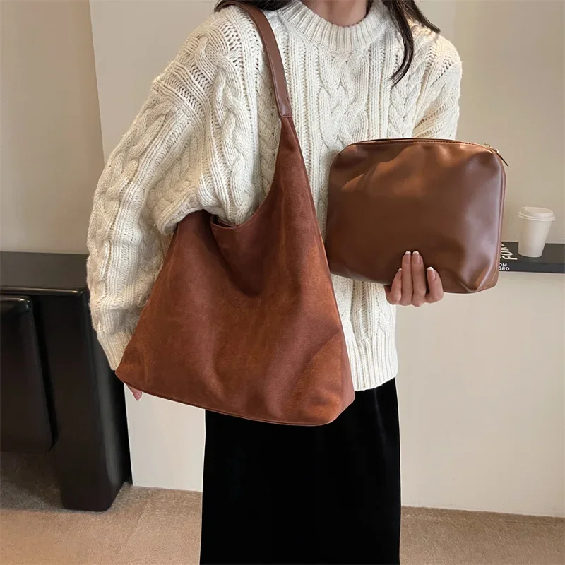 Sac à main Vintage en daim pour femmes, sac à bandoulière de grande capacité, couleur unie, Simple, décontracté, sac de banlieue rétro, automne et hiver