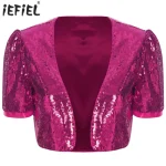 Veste à paillettes pour femmes, Cardigan ouvert sur le devant, brillant, ouvert sur le devant, Blazer court, boléro Azz, haut court de danse, Clubwear