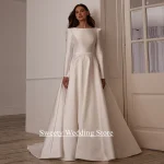 Robe de mariée arabe moderne pour femmes, personnalisée, col bateau, manches longues, traîne de balayage, dos ouvert, ligne A, robe de mariée