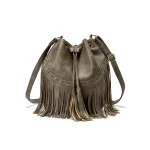 Sac seau chic en cuir à franges avec longue sangle – Design bohème élégant, convient au coussinet