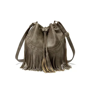 Sac seau chic en cuir à franges avec longue sangle – Design bohème élégant, convient au coussinet
