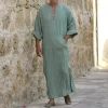 yufeida hommes longue lin jubba thobe caftan musulman arabe islamique col en v à manches longues solide coton lin robe arabe musulmane homme abaya
