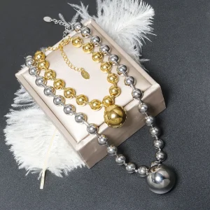 Ensemble collier et bracelet en métal doré rapIndustry, sphère creuse, tour de cou pendentif, bijoux punk gothiques, design haut de gamme