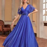 Robe de soirée formelle élégante, col en v, manches courtes, avec des appliques, robes longues pour femmes, 2025