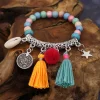 bracelets bohème faits à la main pour femmes, bijoux en alliage de perles de bois colorées, tuyau, pompon, pendentif étoile, bracelet à breloques