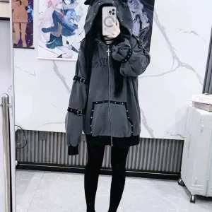 Manteau à capuche Punk avec fermeture éclair, vestes à capuche Harajuku pour femmes, vêtements japonais imprimés à rivets, mode décontractée Y2k