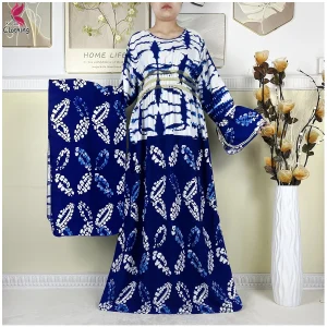 Nouveau Abaya africain femmes à manches longues Dashiki recueillir taille Robe en coton impression Caftan ample Robe islamique avec écharpe Robe décontractée