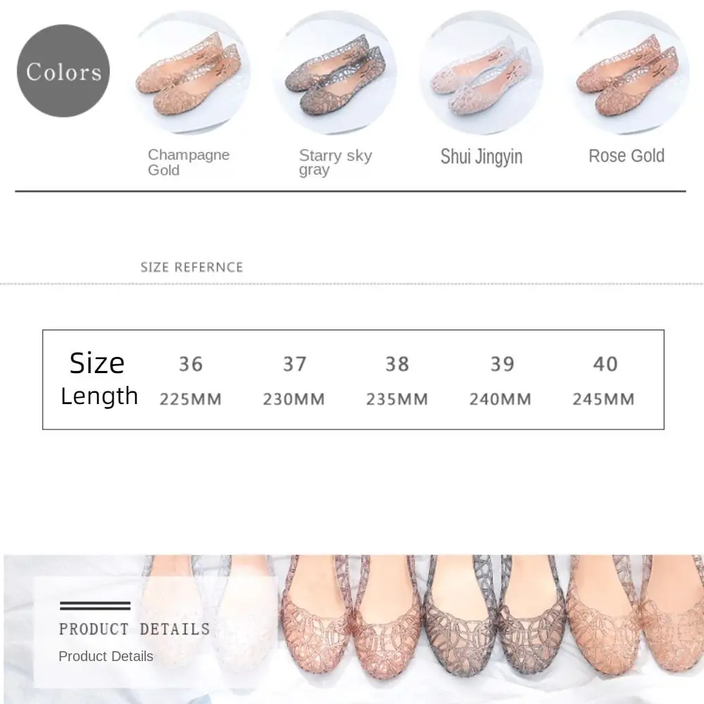 sandales confortables à semelles plates pour femmes, chaussures de plage ajourées à bouche peu profonde, en gelée, respirantes, transparentes, scintillantes, été