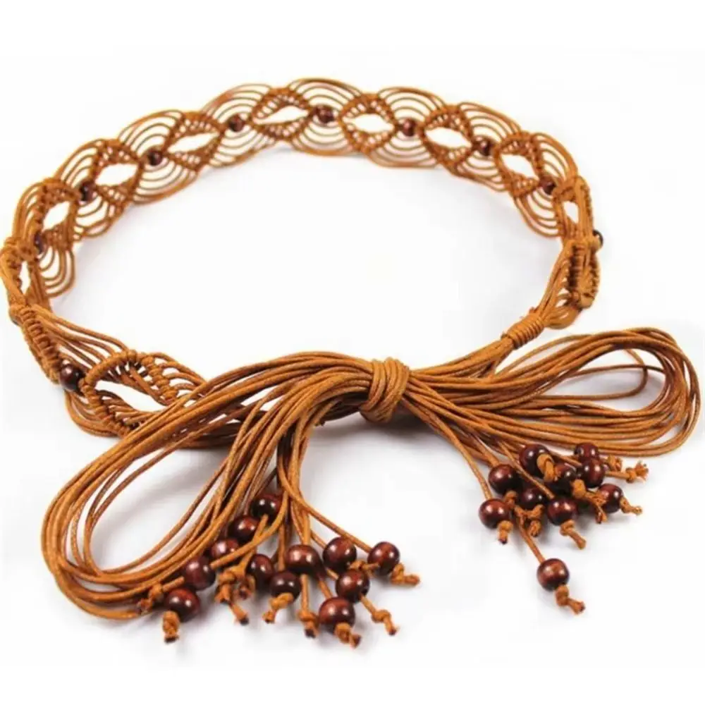 Corde de cire pour femme, corde de taille, Style bohème, ceinture à nœud tissé avec glands, décors de perles en bois, chaîne de taille de Style ethnique, vacances