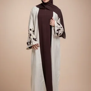 Abaya musulman couleur abricot, broderie de manchette florale exquise, mélange d&rsquo;élégance et de mode intemporelles pour le Ramadan islamique