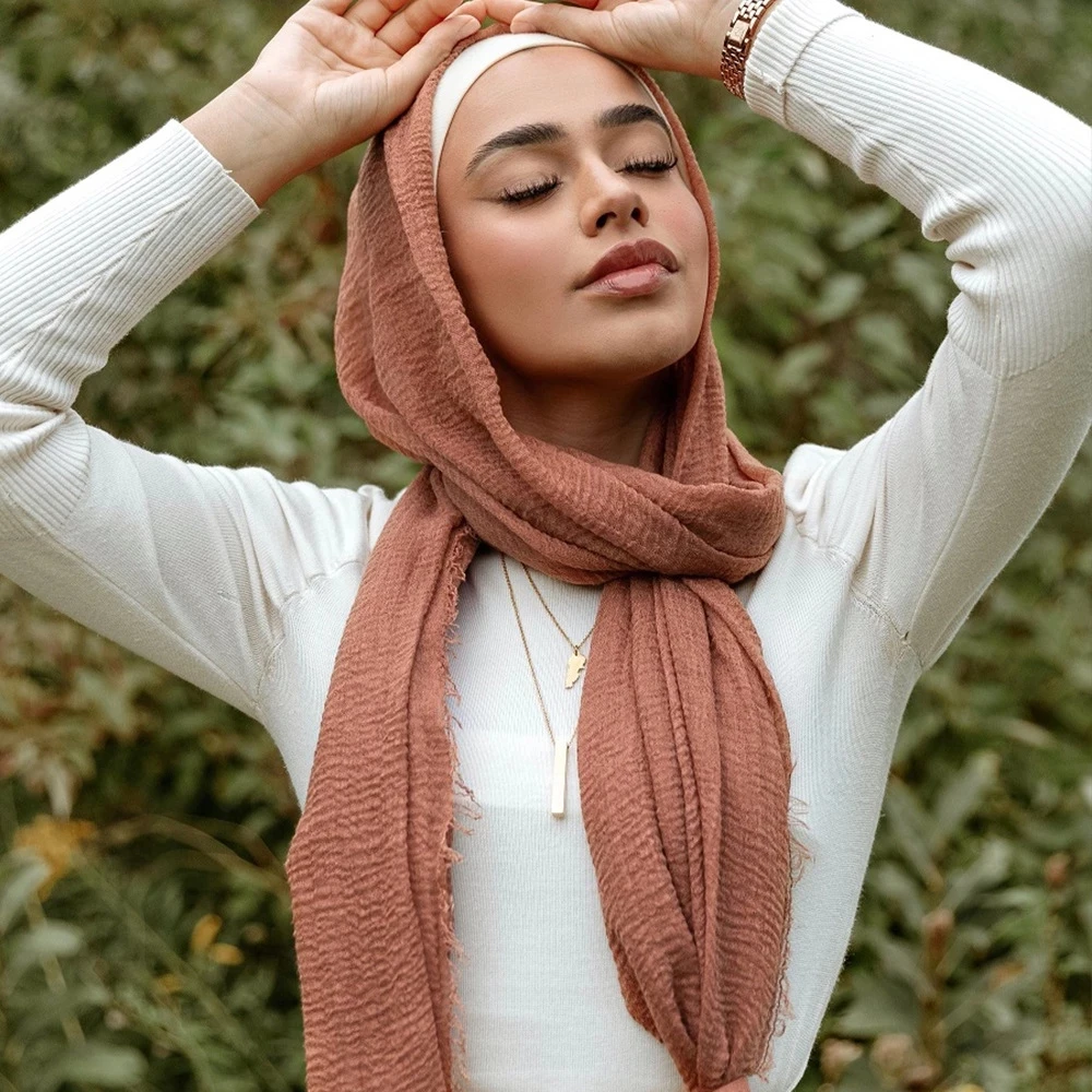 hijab musulman pour femmes, écharpe froissée en coton doux, couleur unie, bandana islamique eid, turban musulman