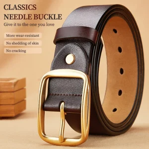 Ceinture à boucle ardillon dorée Ceinture décontractée unisexe Ceinture en peau de vache Ceinture durable en cuir véritable Deuxième couche de peau de vache Peut être porté avec des jeans