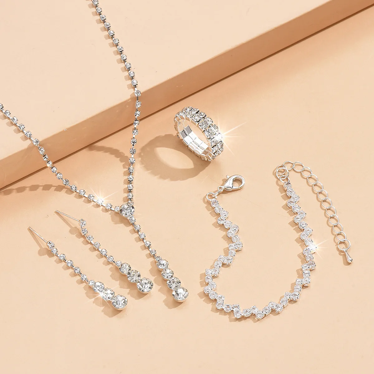 Ensemble de bijoux de bal en argent pour femmes, 5 pièces, bagues minimalistes, collier, boucles d'oreilles, Bracelet, accessoires pour robe de soirée de mariage, cadeaux