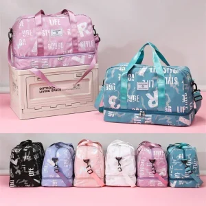 Sac de sport grande capacité avec compartiment à chaussures, sac de sport de voyage polyvalent, sac à bandoulière initié par séparation sèche/support, imprimé lettre chic