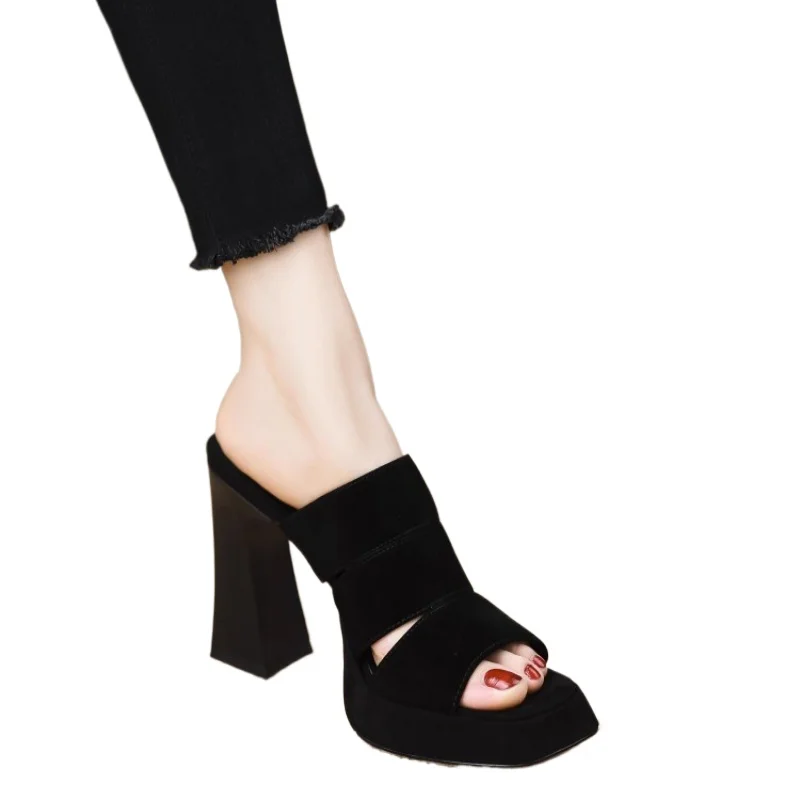 Été élégant concepteur femmes talons hauts sandales nouveau noir crochet talons chaussures de fête femme mode boucle sangle plate forme sandales