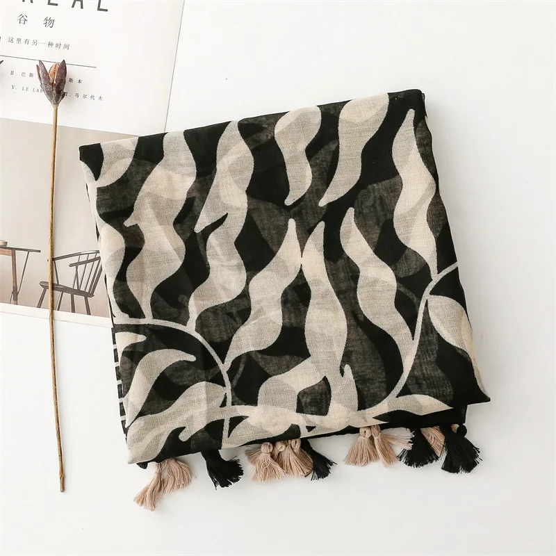 luxe femmes feuille écharpe été plage châle coton lin sentiment gland pashmina musulman hijab wrap dame viscose écharpe