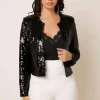 veste à paillettes pour femmes, veste à paillettes brillantes, couleur or, col montant, manteau court, automne dame, blazer court à paillettes scintillantes