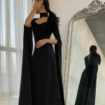 Robe de soirée musulmane noire élégante, manches longues, ligne a, arabe dubaï, col haut, longueur au sol, longue robe de bal pour femmes, 2025