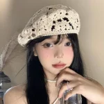 Chapeau à fleurs respirant, grande circonférence de la tête, béret ajouré, couvre-chef, Style japonais, bonnet tricoté au Crochet, vacances