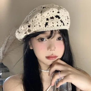 Chapeau à fleurs respirant, grande circonférence de la tête, béret ajouré, couvre-chef, Style japonais, bonnet tricoté au Crochet, vacances