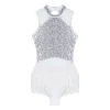 robe de ballet à paillettes pour femmes, avec pompons, robe de patinage artistique, collants de gymnastique, combinaison scintillante avec strass