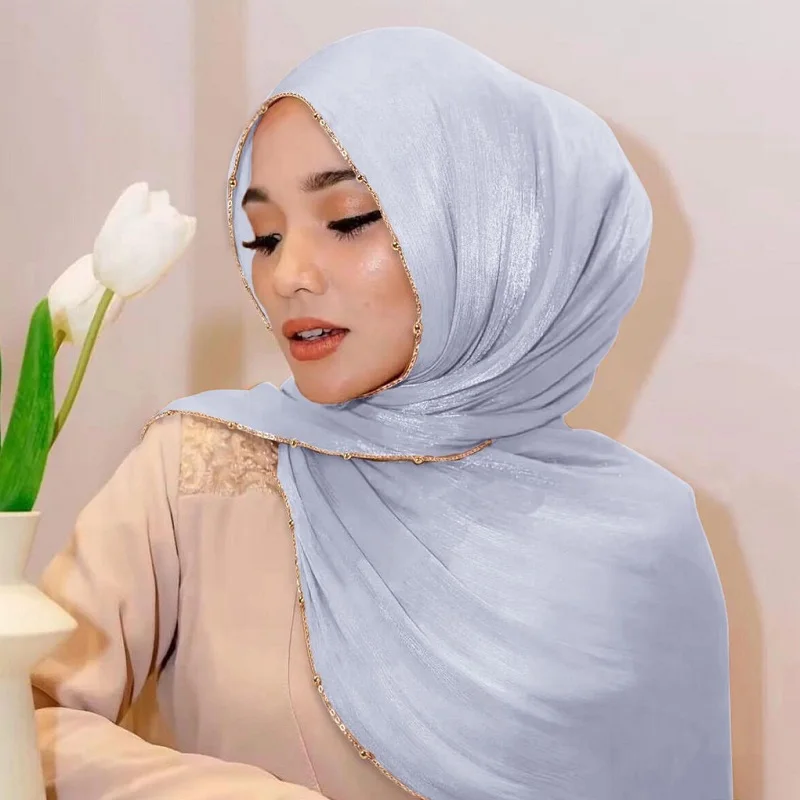 nouveau perles soie froissé hijab écharpe femmes miroitant châles plaine femmes musulmanes hijabs islam turban plissé écharpe ramadan
