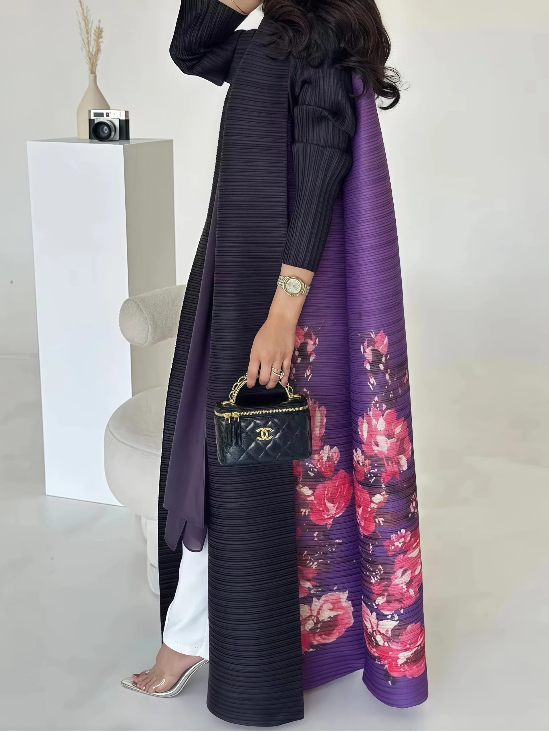 ata yake robe plissée à manches longues pour femme, manteau cardigan, col pliable, imprimé abaya, design original, mode, hiver, nouveau, 2024