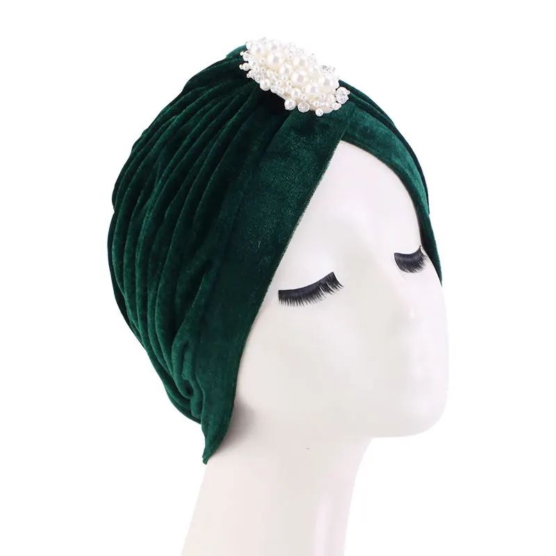 Nouveau femmes velours Turban chapeau perle musulman torsion couleur unie Hijab chimio casquette Vintage femme bandeau élégant foulard bonnets