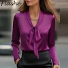 Chemise élégante au Design avec nœud pour femmes, chemisier à manches longues, printemps-automne, bureau, hauts pour dames, mode féminine, nouveau Style, chemise en soie