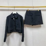 Manteau court à paillettes pour femmes, décoration florale, col Peter Pan, veste noire à simple boutonnage ou Mini jupe féminine