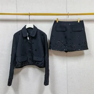 Manteau court à paillettes pour femmes, décoration florale, col Peter Pan, veste noire à simple boutonnage ou Mini jupe féminine