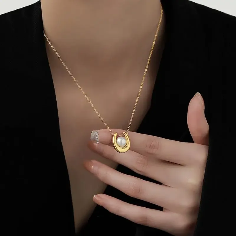 Collier et boucles d'oreilles avec pendentif en perles pour femmes, en acier inoxydable, nouveau charme en forme de U, ras de cou pour soirée de mariée, ne se décolore pas, bijoux cadeau