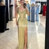 robe de soirée de forme sirène, tenue de soirée dorée scintillante, sans bretelles, fente latérale, élégante, pour occasions formelles, gala, personnalisée, 2025