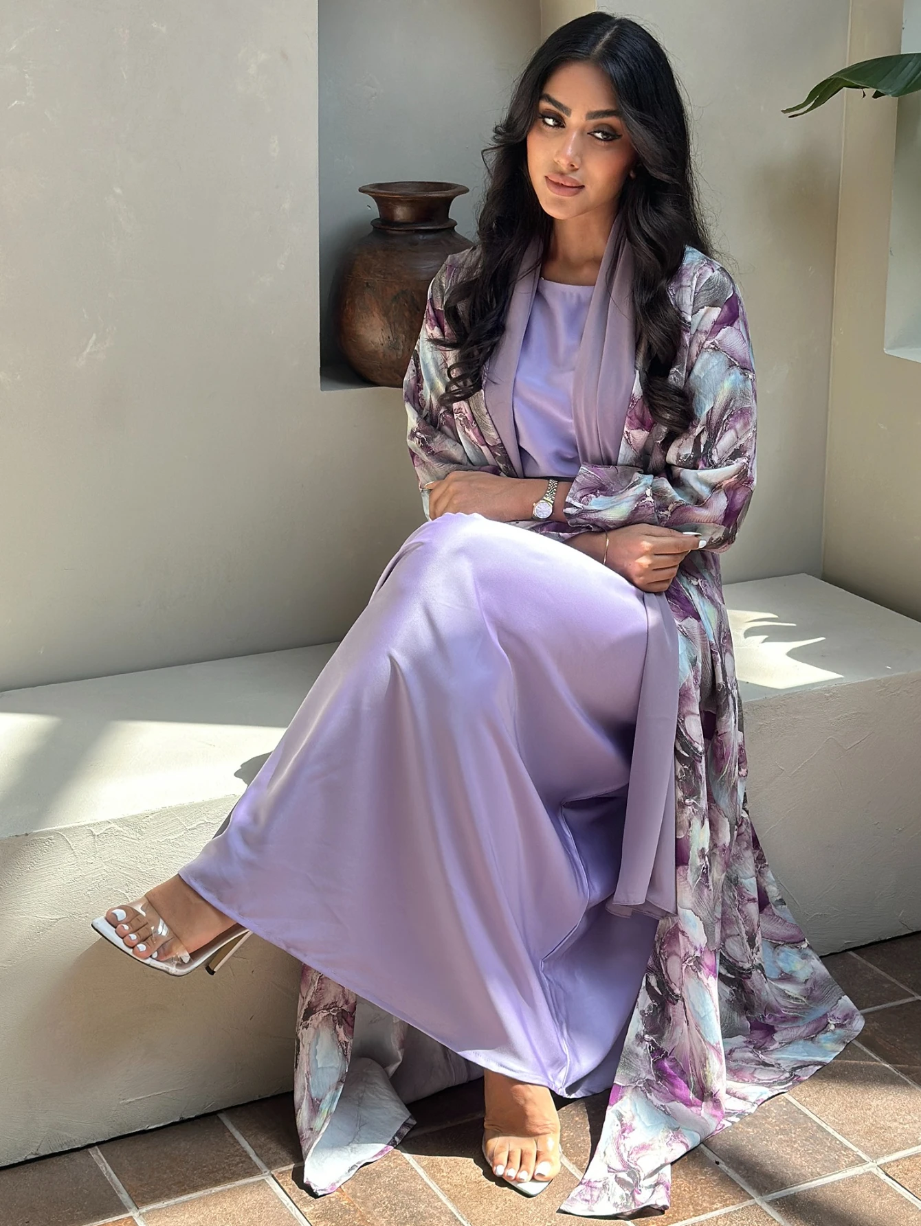 abaya + hajib imprimé floral du moyen orient, 2 pièces pour femmes musulmanes, abayas ouvert sur le devant, caftans à manches longues, robes maxi islamiques jilbabs