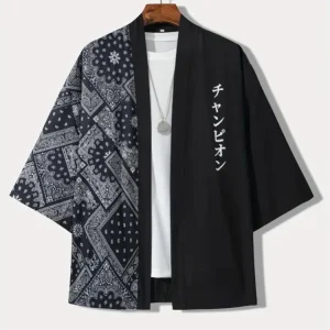 Chemise décontractée pour hommes, Style Kimono, lettres japonaises imprimées, coupe ample, ouverte sur le devant, vêtements pour adultes, photographie de station de vacances d&rsquo;été
