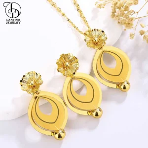 As00048-Collier en forme d&rsquo;olive plaqué or 24 carats pour dames, bijoux de Dubaï, boucles d&rsquo;oreilles géométriques, boule ronde, moyen-orient, élégant, fleur, à la mode, ensemble de mariage 2 pièces