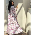 Abaya + Hajib imprimé Floral du moyen-orient, 2 pièces pour femmes musulmanes, Abayas ouvert sur le devant, caftans à manches longues, robes Maxi islamiques Jilbabs