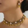 collier et boucles d'oreilles pour femmes, ensemble de bijoux rétro à motifs de fleurs incrustés de diamants et élégants pour femmes