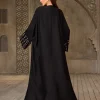 abaya noir élégant pour dames islamiques, manches brodées géométriques pour le ramadan et l'usure quotidienne dans les régions du moyen orient, nouvelle collection 2025