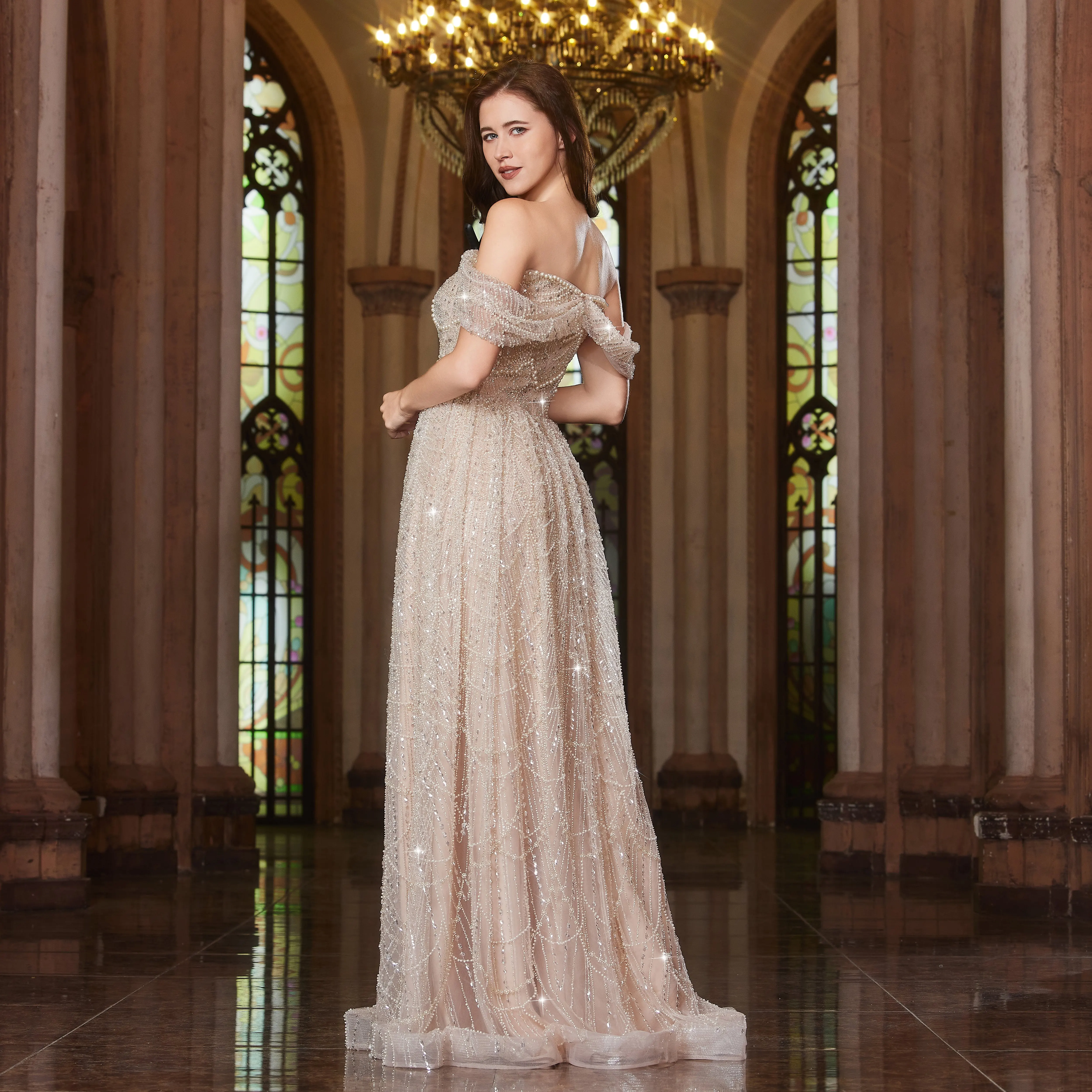 Alice CollectionPro – robe de soirée de luxe arabe, couleur chair, perles, pour mariage de dubaï, épaules dénudées, robes de soirée formelles personnalisées