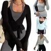 Veurs en V Ve enveloppe à manches longues à manches longues Crop Top Breasping Coquettes Blouses 69HD