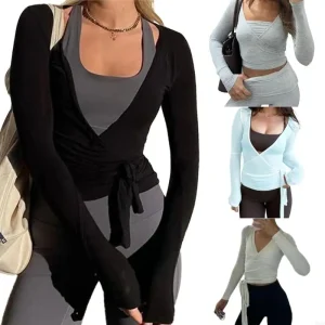 Veurs en V Ve enveloppe à manches longues à manches longues Crop Top Breasping Coquettes Blouses 69HD