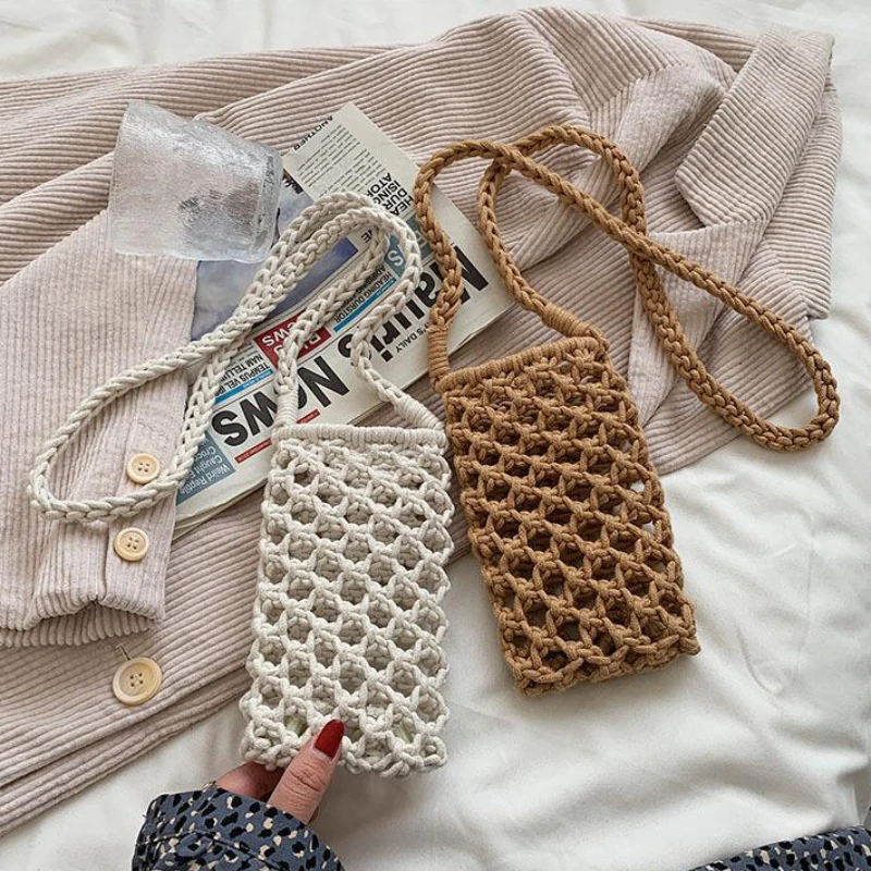 Petit sac à bandoulière pour téléphone pour femmes, couleur unie, tissé ajouré au Crochet, léger tressé, sac à main à bandoulière Petit sac à bandoulière pour téléphone pour femmes, couleur unie, tissé ajouré au Crochet, léger tressé, sac à main à bandoulière